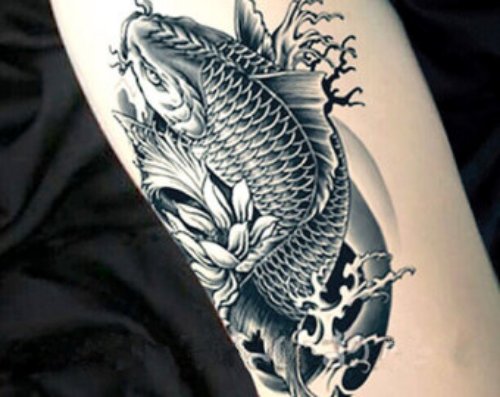 Grey Ink Flowers And Carp Fish Tattoo On Sleeve
